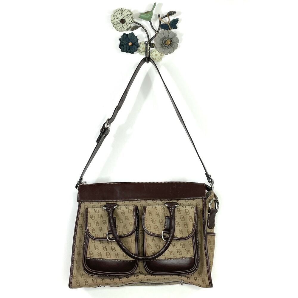 Dooney & Bourke Brown Tan DB Double Pocket Tote Satchel Purse Removable Strap
